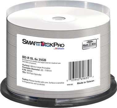 Диски SmartDisk PRO by Verbatim BD-R 25GB 6X White InkJet Printable WRAP 50 шт (69835)