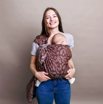 Жаккардовый слинг с кольцами для малышей 0 - 36 месяцев Coolbabka Feathers Шоколадный
