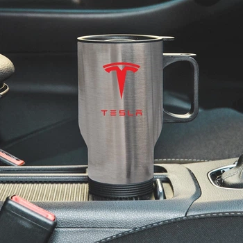 Термокружка автомобильная с логотипом Tesla 450 мл серебристая