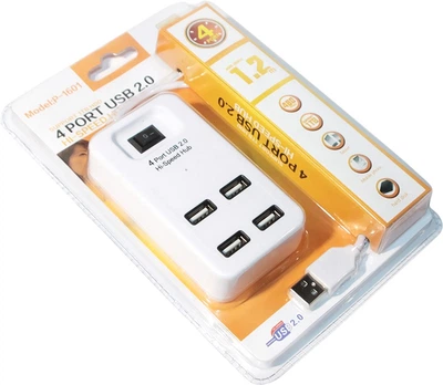 Хаб Voltronic USB 2.0 4 порти, White, 480Mbts живлення від USB, з вимикачем (YT08646)