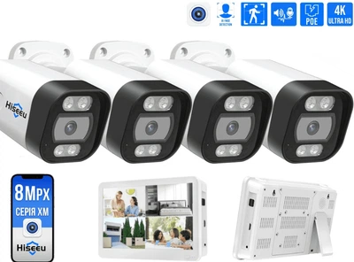 Комплект IP видеонаблюдения Hiseeu 8мп PoE 4 камеры + регистратор с монитором + кабель