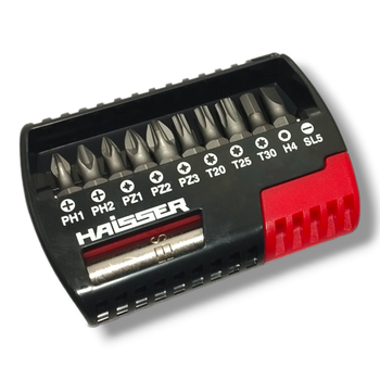 Набор бит 11 шт. (PH1, PH2, PZ1, PZ2, PZ3, T20, T25, T30, HEX4, SL5, держатель 1/4" х 60 мм по 1 шт.), Haisser