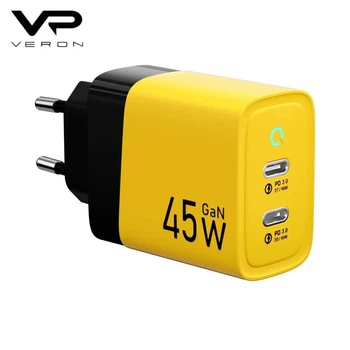 Сетевое зарядное устройство Veron TC-45 (45 Вт, PD, x2 USB Type-C, блок питания, 3A, с индикатором, быстрая зарядка) - Желтый