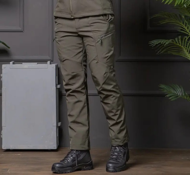 Мужские брюки Soft-shell на флисе с высокой посадкой олива / ветрозащитные и водонепроницаемые L