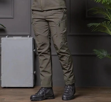 Мужские брюки Soft-shell на флисе с высокой посадкой олива / ветрозащитные и водонепроницаемые 2XL