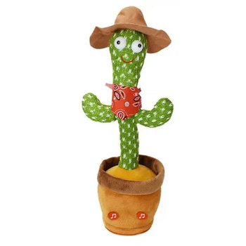 Говорящий танцующий кактус с коричневой шляпкой и подсветкой Dancing Cactus 32 см поющий повторюшка USB
