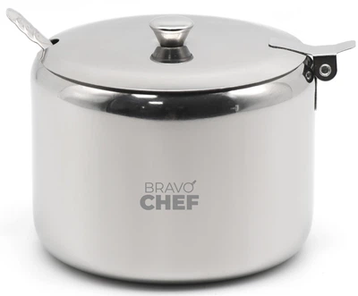 Сахарница Bravo Chef нержавеющая сталь 8,5х8х7,5 см с крышкой и ложкой. (681005)