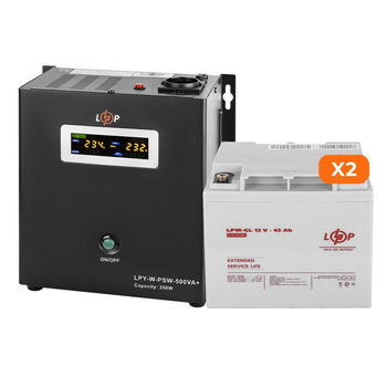 Комплект резервного живлення UPS 500VA+АКБ GEL 1080W LogicPower 23185(настінний ДБЖ 350W+2*45Ah батарея гелева)