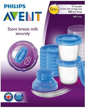 Zestaw Philips Avent Zbiorniki do przechowywania mleka Avent Breast Milk Conservation 10 pojemników na mleko 180 ml + 10 pokrywek + 1 stojak (8710103671589)