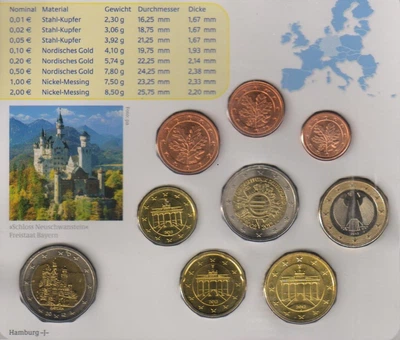 Набір монет Німеччина набір з 9 монет євро 2012 UNC D 1, 2, 5, 10, 20, 50 євроцентів, 1, 2 євро, пам'ятна 2 євро Блістер