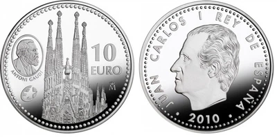 Монета Испания 10 евро 2010 Серебро Proof Барселона Антонио Гауди - Храм Святого Семейства (Ag 925, 27 грамм)