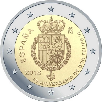 Монета Испания 2 евро 2018 Биметалл UNC 50 лет со дня рождения короля Филиппа VI