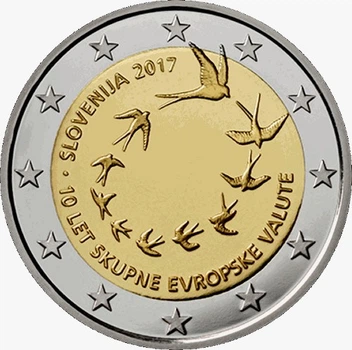 Монета Словения 2 евро 2017 Биметалл UNC 10 лет евро в Словении