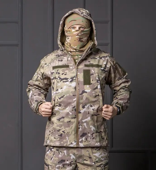 Чоловіча куртка Softshell мультикам з капюшоном та липучками під шеврони водонепроникна 5XL