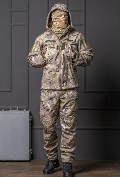 Мужская куртка Softshell мультикам с капюшоном и липучками под водонепроницаемая шеврона 3XL