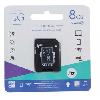 Карта пам'яті TG (T&G) MicroSDHC 8Gb UHS-1 10 Class з адаптером універсальний носій інформації внутрішня пам'ять портативних пристроїв