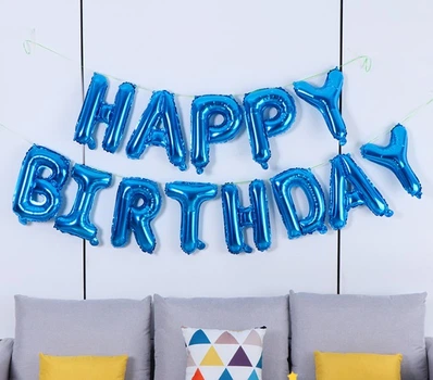 Фольгированные надпись синие буквы Happy Birthday, надувная фигурная, размер букв 40 см на день рождения