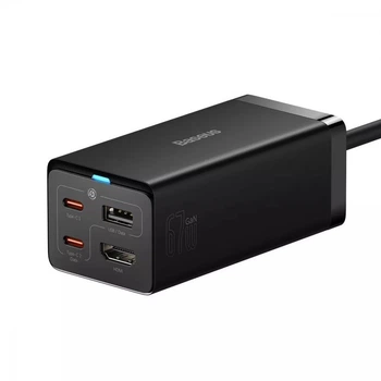 Мережевий зарядний пристрій для MacBook Baseus GaN5 Pro 67W USB+2Type-C+HDMI 1.5м + Кабель 1м Type-C to Type-C 100W 20V/5A Чорний