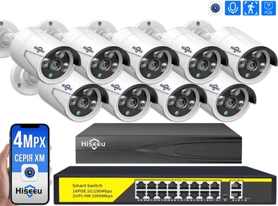 Комплект IP відеонагляду Hiseeu 4мп POE на 9 камер + PoE комутатор + відеореєстратор + кабель