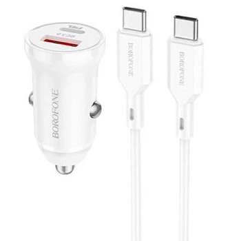 Зарядний автомобільний BOROFONE BZ18A (PD 20W) (1USB/Type-C 3A QC3.0) швидка зарядка для телефону + кабель Type-C-Type-C Білий