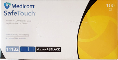 Рукавички оглядові вінілові нестерильні Medicom SafeTouch неопудрені чорні 50 пар № S (11132-A)