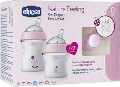 Набір для годування Chicco NaturalFeeling Соска Physioforma Comfort + Пляшечка 150 мл + Пляшечка 250 мл Рожевий (8058664153671)