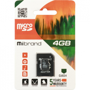 Карта памяти Mibrand 4GB microSDHC class 4 (MICDC4/4GB-A) (170950)
