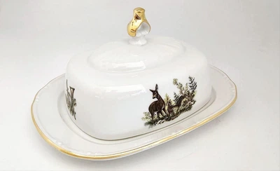 Масленка фарфоровая Gloria fine porcelain Bavaria Handwork Bayreuth Made in Germany Охота, h-9см, L-21см