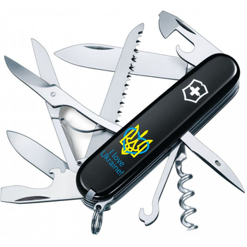 Ніж складаний 91 мм, 15 функцій Victorinox HUNTSMAN UKRAINE Чорний/Трезубець із серцем + I love Ukraine