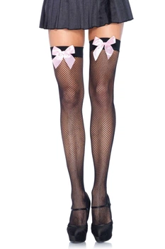 Сітчасті панчохи із рожевим бантом Leg Avenue Fishnet Thigh Highs With Bow One Size Чорний