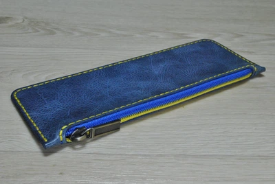 Кожаный пенал для карандашей и ручек синий R04-blue+yellow