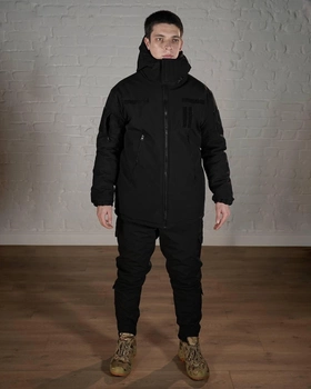 Зимова військова форма SoftShell з утеплювачем ХОЛОСОФТ чорна костюм водонепроникаючий бушлат з капюшоном та штани XXL - (54)