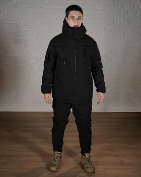 Зимова військова форма SoftShell з утеплювачем ХОЛОСОФТ чорна костюм водонепроникаючий бушлат з капюшоном та штани M - (48)