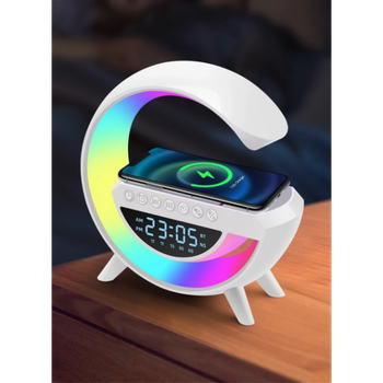 Настольная смарт лампа ночник RGB G-Smart 4в1 с беспроводной зарядкой 15W и Bluetooth колонкой 5W, часы с будильником, белый (D-2019091307)
