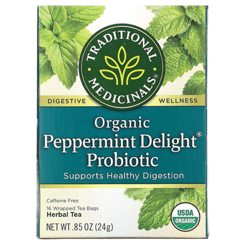 Пробіотик та органічна перцева м'ята Traditional Medicinals "Organic Peppermint Delight Probiotic" чай без кофеїну (16 пакетиків / 24 г)