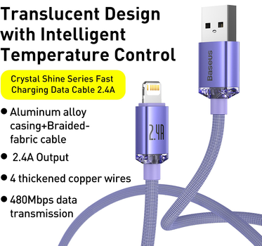 Кабель Baseus Crystal Shine Series Fast Charging Data Cable USB to iP 2.4 A 1.2 m Purple (CAJY000005)