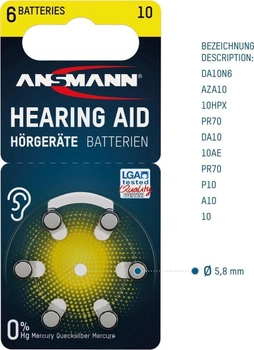 Комплект батареек к слуховому аппарату Ansmann, PR70, размер 10; 1,45В, 6 шт