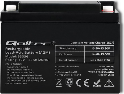 Акумуляторна батарея Qoltec AGM 12V 24Ah max 360A (5901878530369)