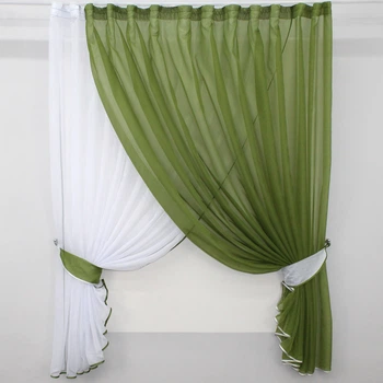 Кухонные шторки VR-Textil № 060к "Дуэт" с подвязками оливковый с белым 330х170 см (50-563)