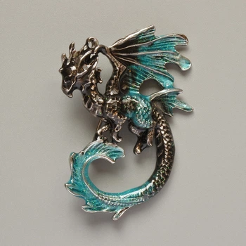 Брошь-кулон Дракон черная и бирюзовая эмаль с блёстками серебристый металл 42×58 мм, ida62742