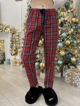 Женские пижамные домашние штаны COSY манжет фланель клетка L красно/синие F20P