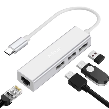 USB Type-C Хаб | адаптер на 3 порта USB 3,0 для ноутбука Addap MH-05, с интернет подключением Ethernet RJ-45 1000 Мбит/с (7770)
