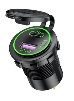 Автомобильная зарядка врезная (встраиваемая) USB + PD Type-C 12В-24В, QC 3.0 (быстрая зарядка) Зеленая, кнопка