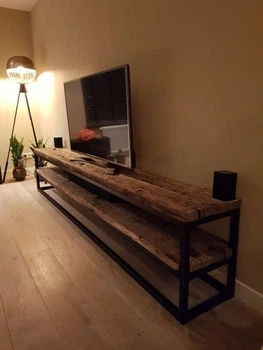 Дизайнерская тумба для телевизора в стиле Loft 200х40х50h Черный/Дерево ATL509