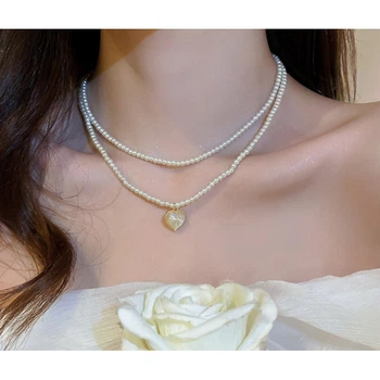 Ланцюжок подвійний з перлами "Dual Heart", з кулоном, золото