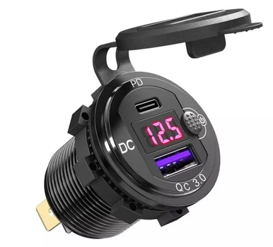 Металлический корпус врезная USB зарядка QC 3.0+PD Type-C 20W с вольтметром кнопкой в прикуриватель