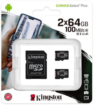 Карта пам'яті Kingston microSDXC 2х64GB Canvas Select Plus Class 10 UHS-I U1 V10 A1 + SD-адаптер (740617298994)