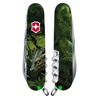 Нож Victorinox Huntsman Zodiac 91 мм Зелений дерев'яний дракон (1.3713.3_Z3240p)