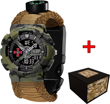 Чоловічий годинник Patriot 005CMGRSU ЗСУ Зелений камуфляж Паракордовий ремінець Khaki + Коробка