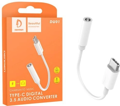Kabel adapter Denmen USB Type-C - mini Jack 3.5 mm 0.2 m White (6973224872903)